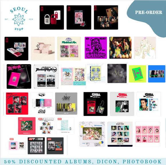 50% DISCOUNTED ALBUMS, DICON, PHOTOBOOK (TAEYONG, NMIXX, ATEEZ, AESPA, IVE, SKZ, MAMAMOO, LE SSERAFIM, RED VELVET)